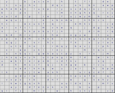 25x25
Felder großes Sudoku mit Buchstaben anstatt
Zahlen und 5x5-Blöcken